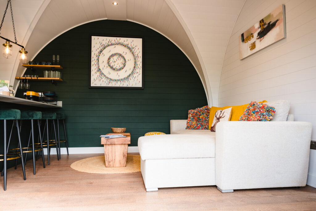 Open-plan interior photography of a luxury holiday lodge in Rutland featuring modern Scandinavian design