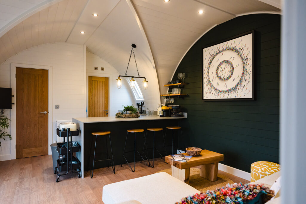 Open-plan interior photography of a luxury holiday lodge in Rutland featuring a beautifully styled self catering accommodation