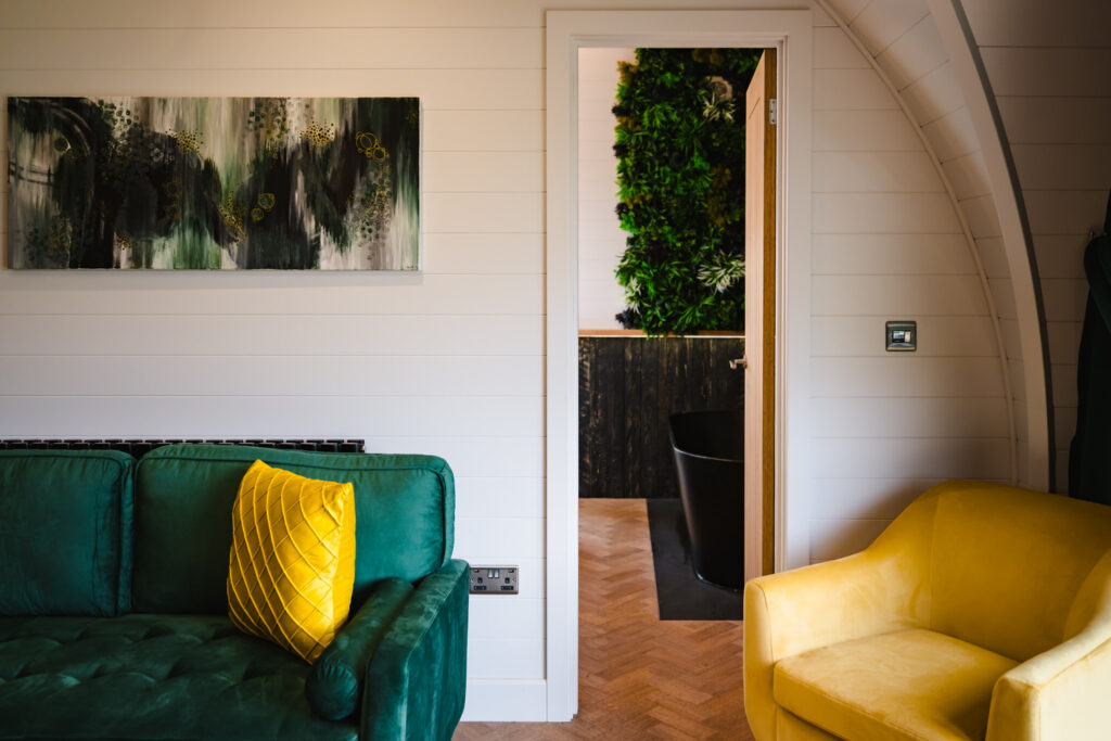 Open-plan interior photography of a luxury holiday lodge in Rutland featuring modern Scandinavian design