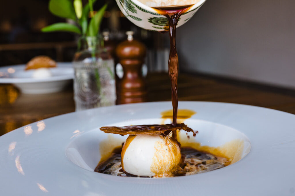 A close-up of a luxury dessert at a boutique hotel restaurant in the East Midlands.