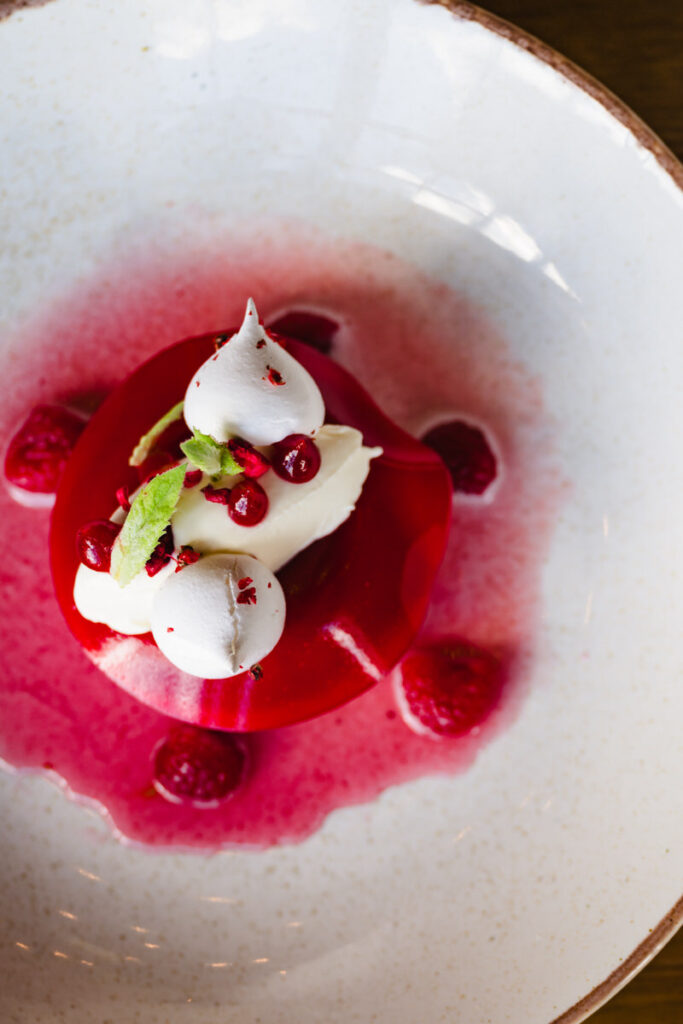 A close-up of a luxury dessert at a boutique hotel restaurant in the East Midlands.